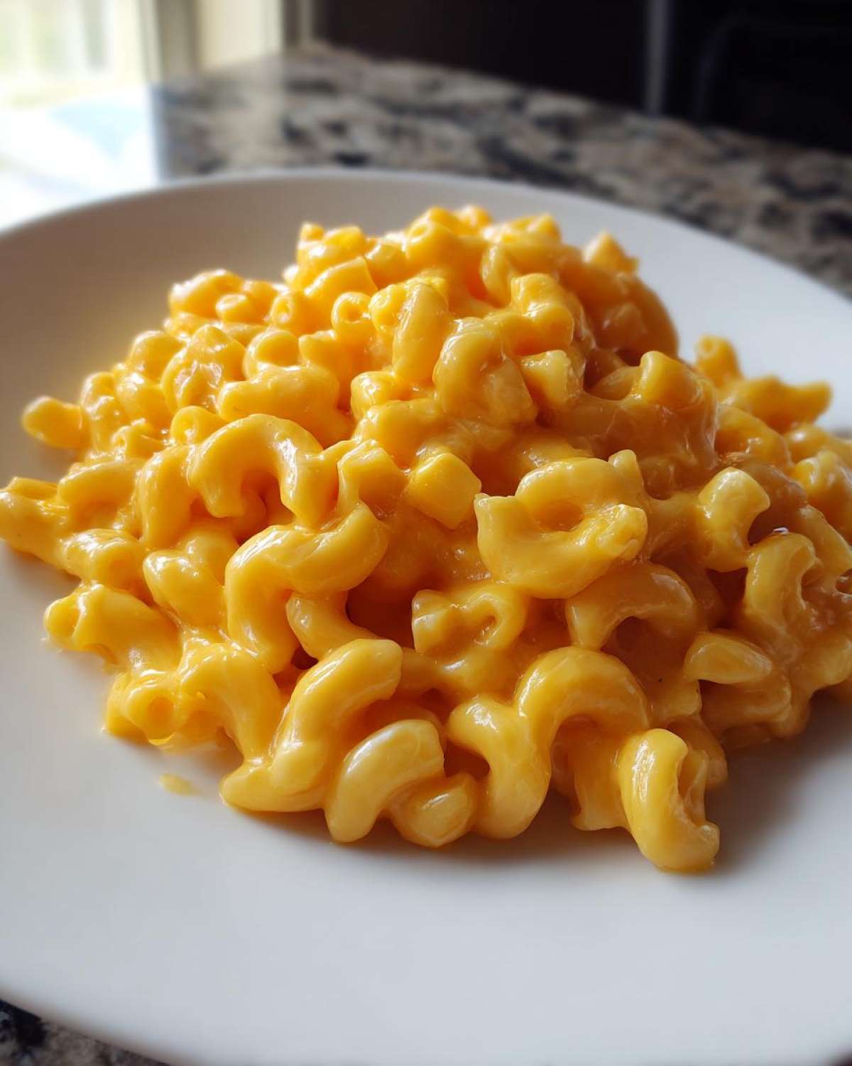 Close-up of creamy, bright orange Instant Pot Mac and Cheese served on a white plate.