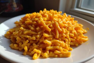 A generous serving of creamy, bright orange Instant Pot Mac and Cheese piled high on a white plate.