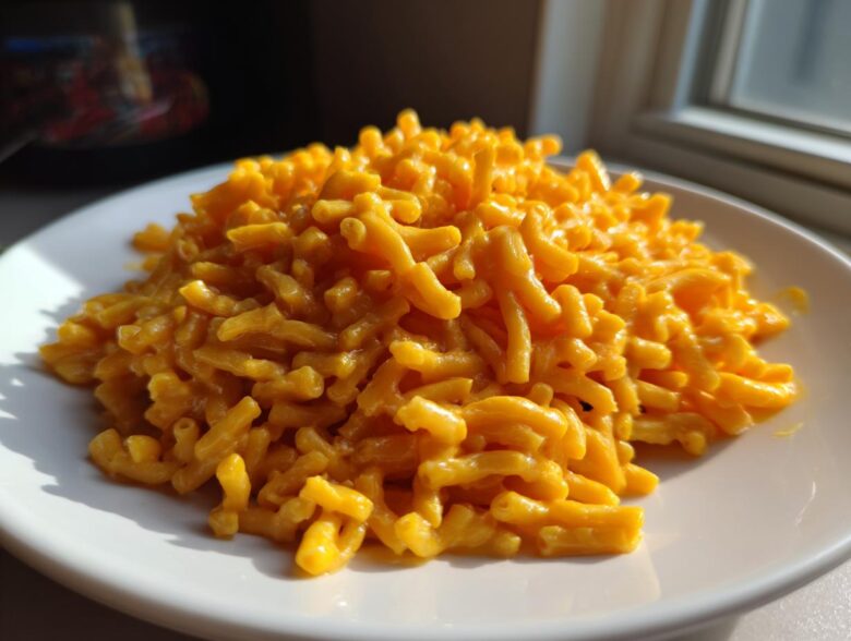 A generous serving of creamy, bright orange Instant Pot Mac and Cheese piled high on a white plate.