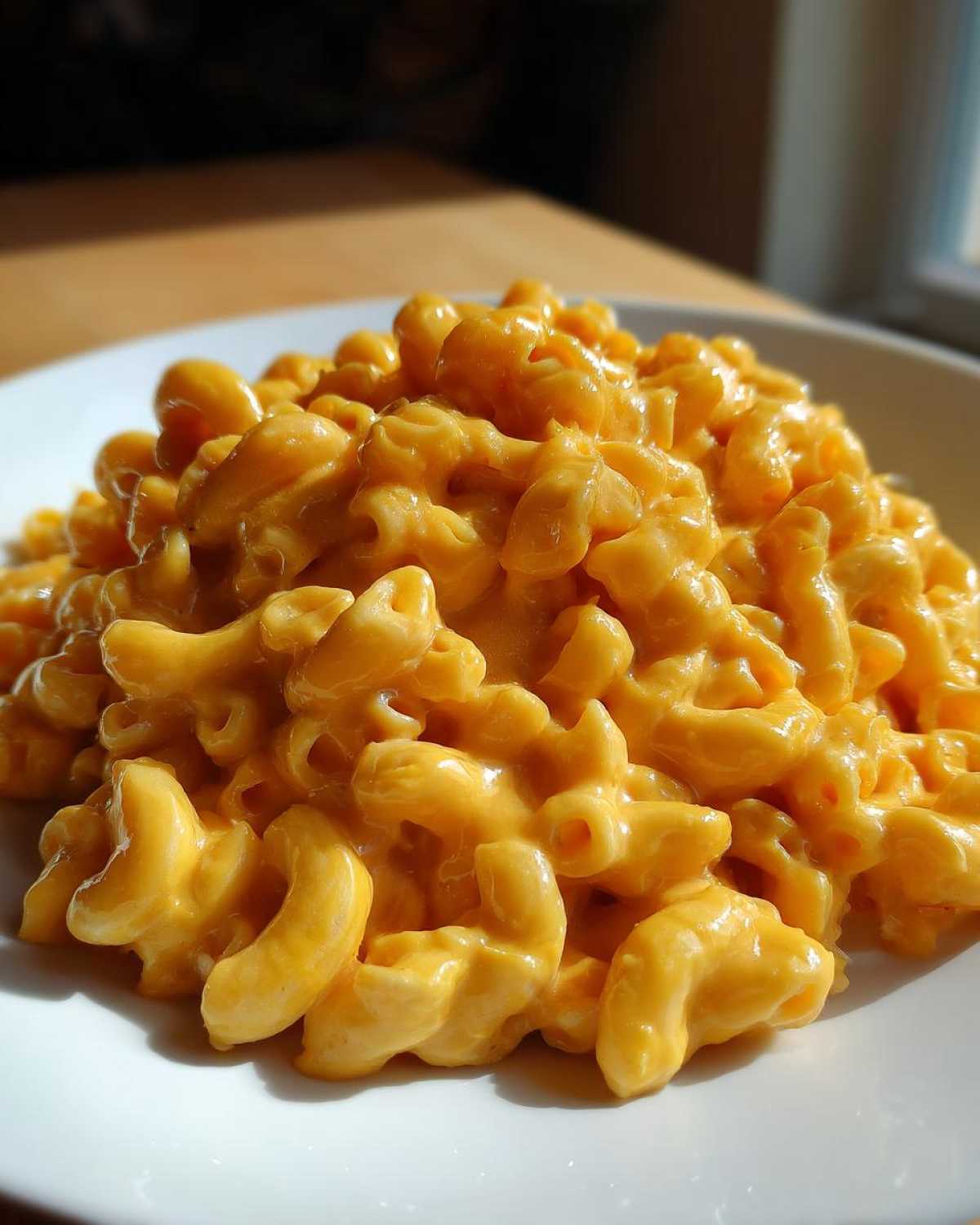 Close-up of creamy, bright orange Instant Pot Mac and Cheese served in a white bowl.