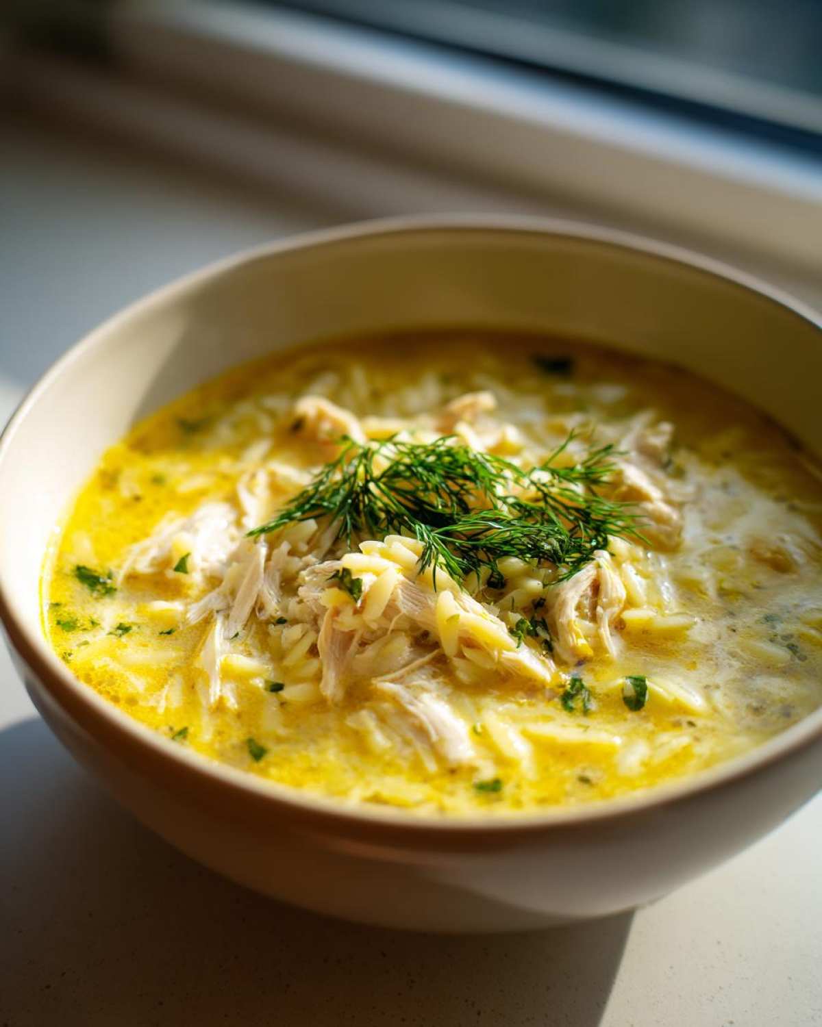 Close-up of a bowl of rich, yellow Creamy Lemon Chicken Orzo Soup topped with shredded chicken and fresh dill.