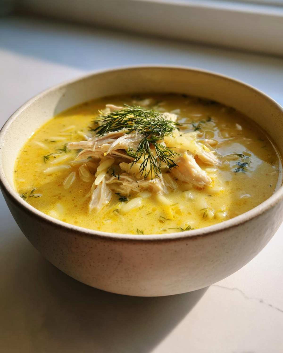 Close-up of a bowl of bright yellow Creamy Lemon Chicken Orzo Soup topped with shredded chicken and fresh dill.