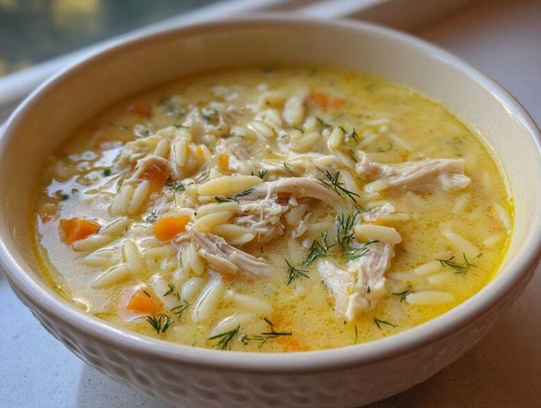 Close-up of a bowl filled with rich, yellow Creamy Lemon Chicken Orzo Soup, featuring shredded chicken, orzo pasta, and dill.