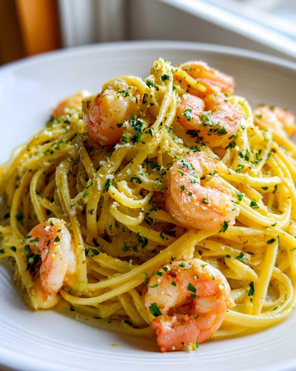 A close-up of a serving of Creamy Lemon Garlic Shrimp Pasta topped with fresh parsley and grated cheese.