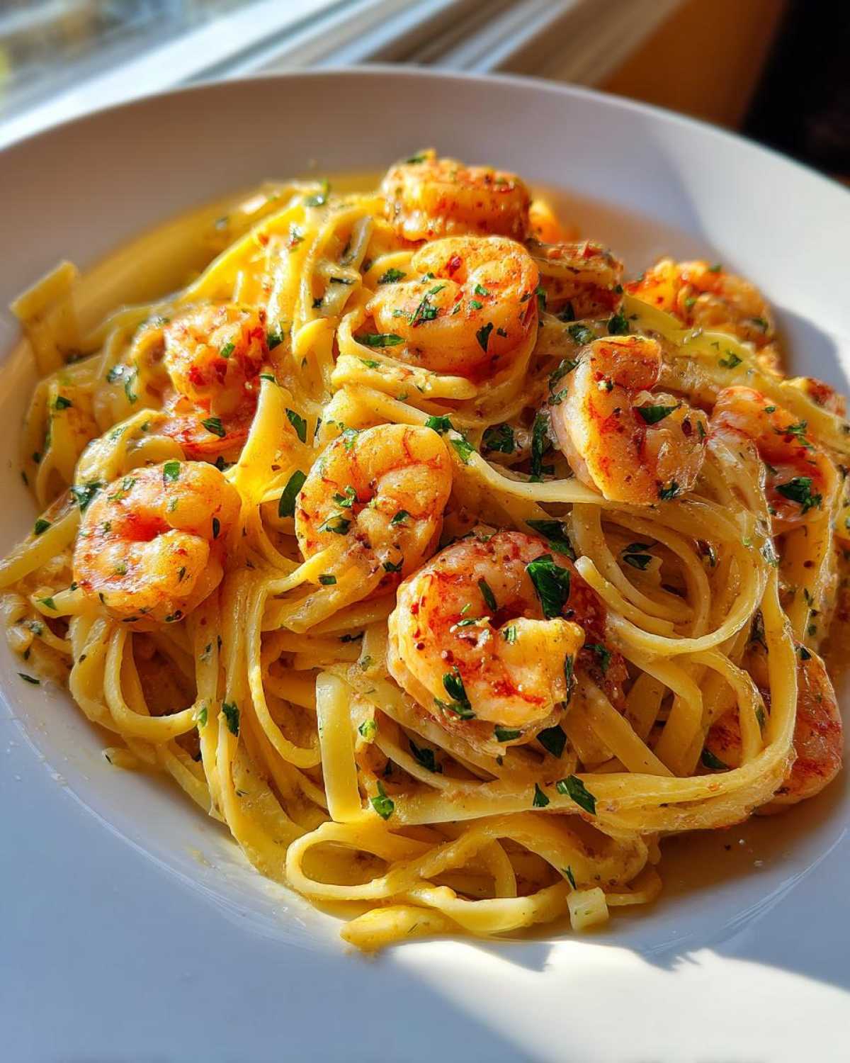 Close-up of rich Creamy Lemon Garlic Shrimp Pasta coated in a light sauce and topped with seasoned shrimp and parsley.