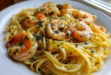 Close-up of a serving of Creamy Lemon Garlic Shrimp Pasta featuring fettuccine noodles and large, seasoned shrimp.