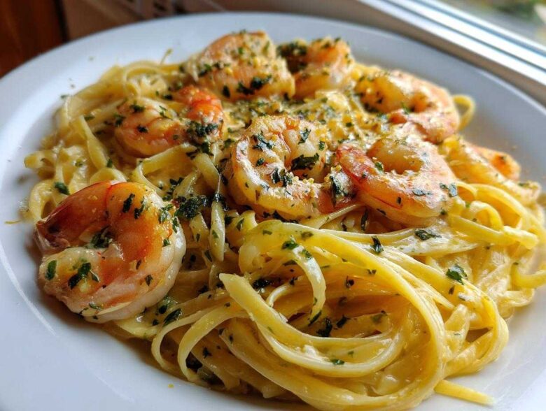 Close-up of a serving of Creamy Lemon Garlic Shrimp Pasta featuring fettuccine noodles and large, seasoned shrimp.
