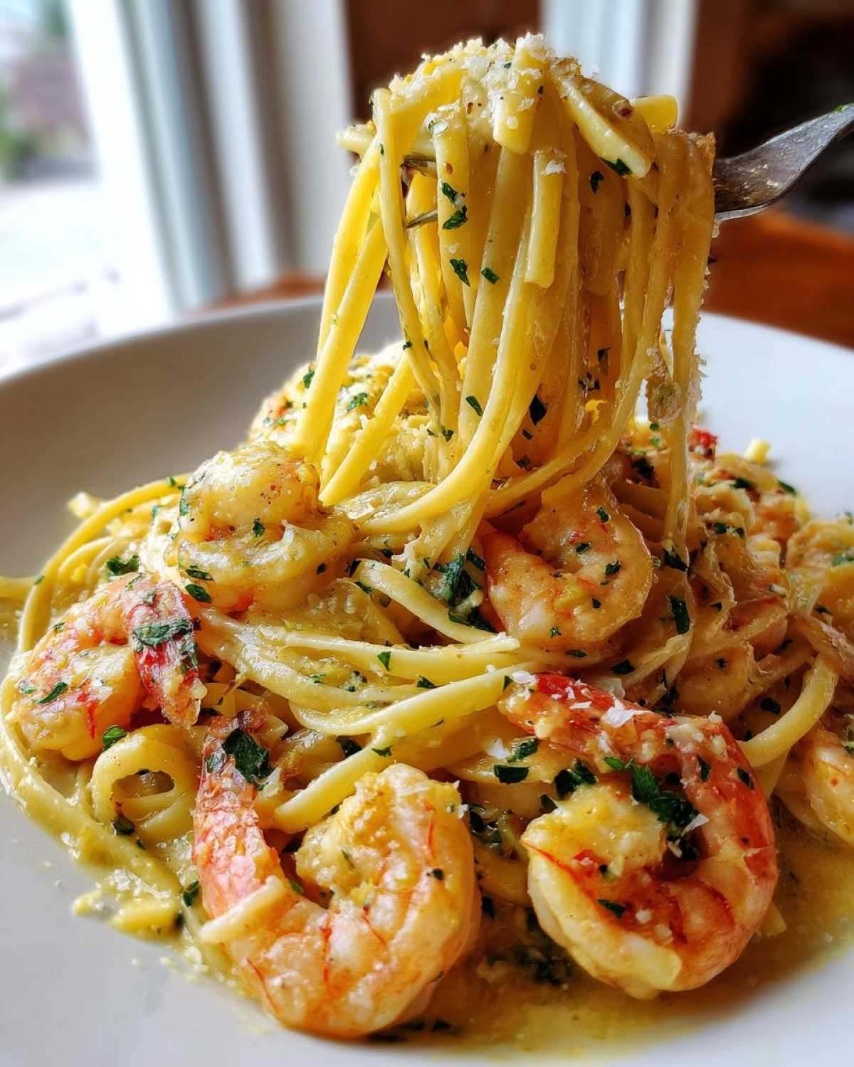 A fork lifting linguine from a plate of Creamy Lemon Garlic Shrimp Pasta topped with shrimp and parsley.