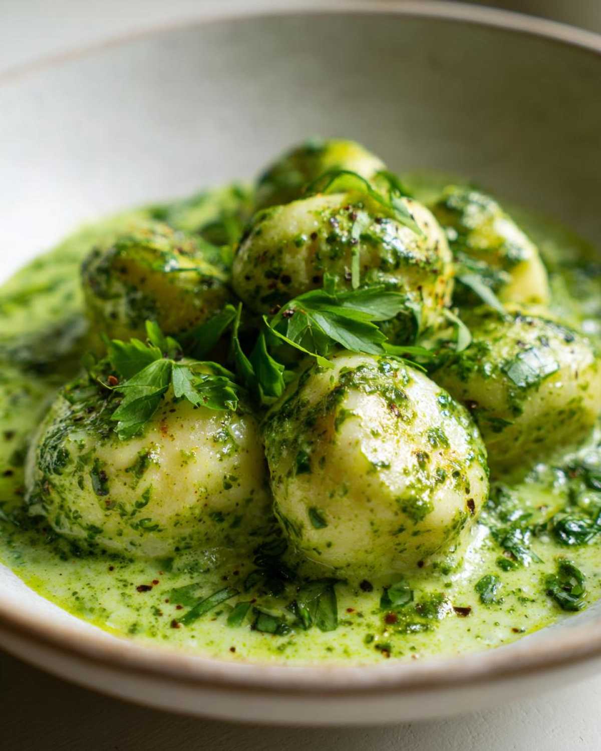 Close-up of tender gnocchi swimming in a rich, bright green creamy pesto gnocchi sauce, garnished with fresh parsley.