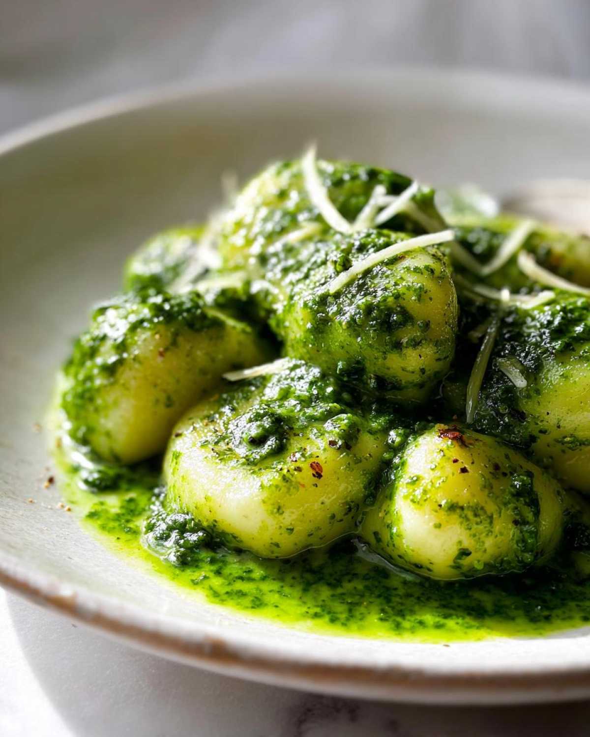 Close-up of tender gnocchi coated in vibrant green pesto sauce, topped with shaved Parmesan cheese for Creamy Pesto Gnocchi.
