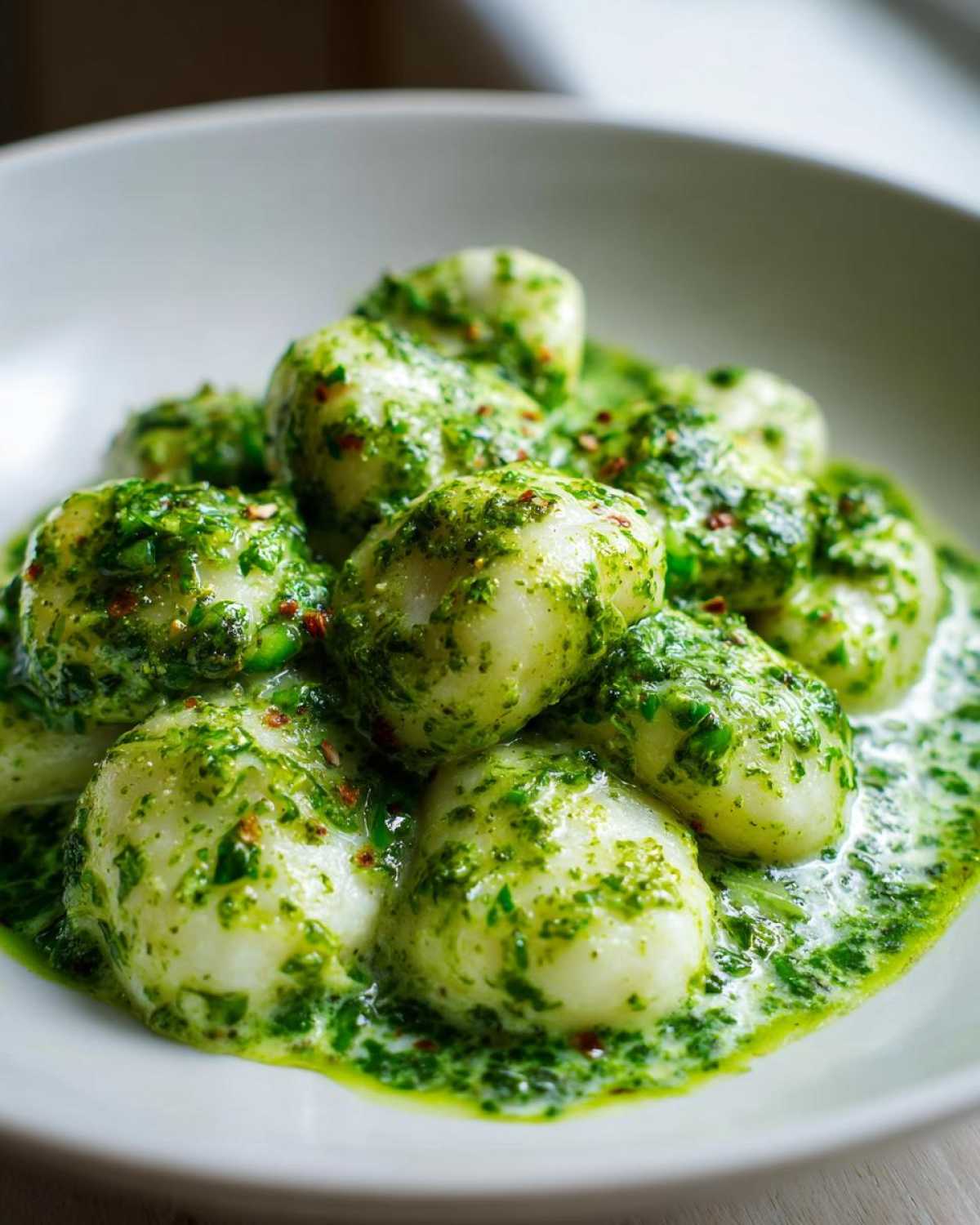 A close-up of tender potato gnocchi coated in a vibrant, creamy pesto sauce, sprinkled with red pepper flakes.
