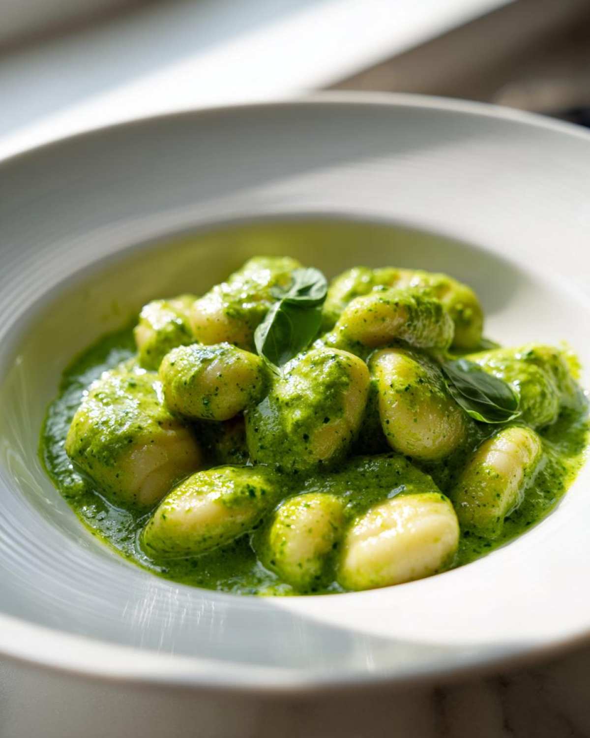 Close-up of tender gnocchi generously coated in vibrant green creamy pesto sauce, garnished with fresh basil.