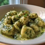 A close-up of tender potato gnocchi coated in a vibrant, creamy pesto sauce, served in a white bowl.