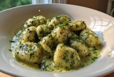 A close-up of tender potato gnocchi coated in a vibrant, creamy pesto sauce, served in a white bowl.