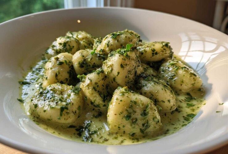 A close-up of tender potato gnocchi coated in a vibrant, creamy pesto sauce, served in a white bowl.