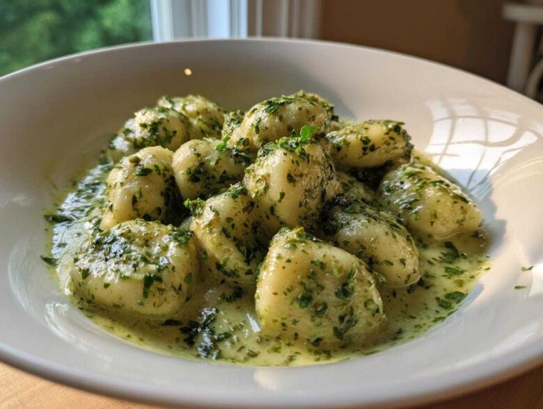A close-up of tender potato gnocchi coated in a vibrant, creamy pesto sauce, served in a white bowl.