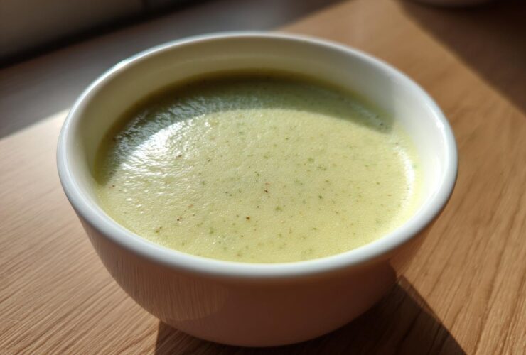 A close-up of smooth, light green Creamy Potato Leek Soup served in a white bowl on a wooden surface.