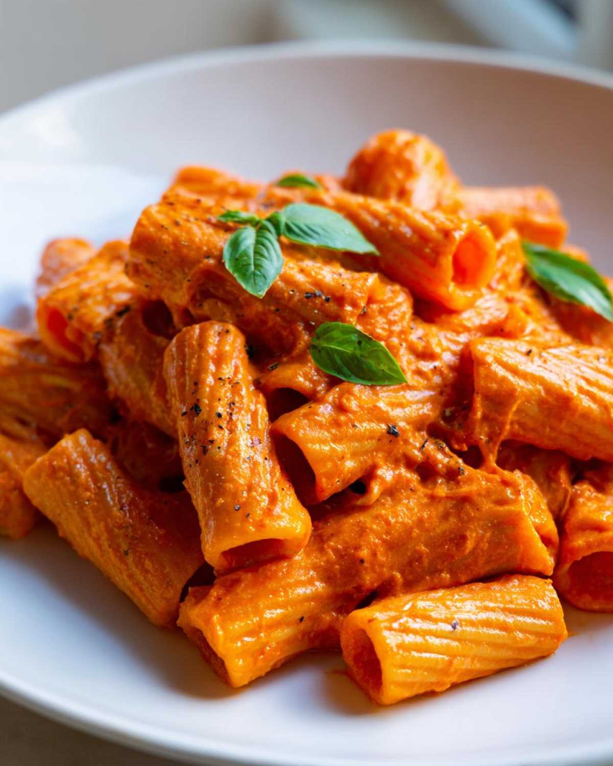 Close-up of rigatoni pasta coated in a vibrant orange Creamy Roasted Red Pepper Pasta sauce, garnished with fresh basil.