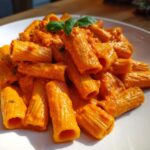A serving of rigatoni pasta coated in vibrant, rich Creamy Roasted Red Pepper Pasta sauce, garnished with basil.