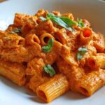 Close-up of rigatoni pasta coated in vibrant orange Creamy Roasted Red Pepper Pasta sauce, garnished with fresh basil.