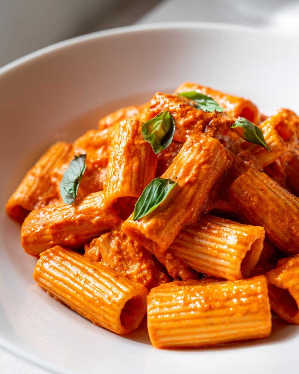 Close-up of rigatoni pasta coated in bright orange Creamy Roasted Red Pepper Pasta sauce, garnished with fresh basil.