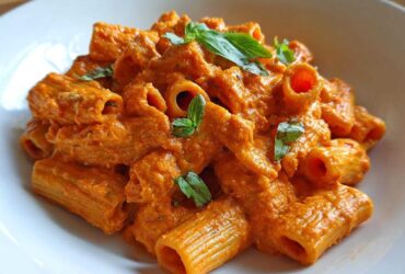 Close-up of rigatoni pasta coated in vibrant orange Creamy Roasted Red Pepper Pasta sauce, garnished with fresh basil.