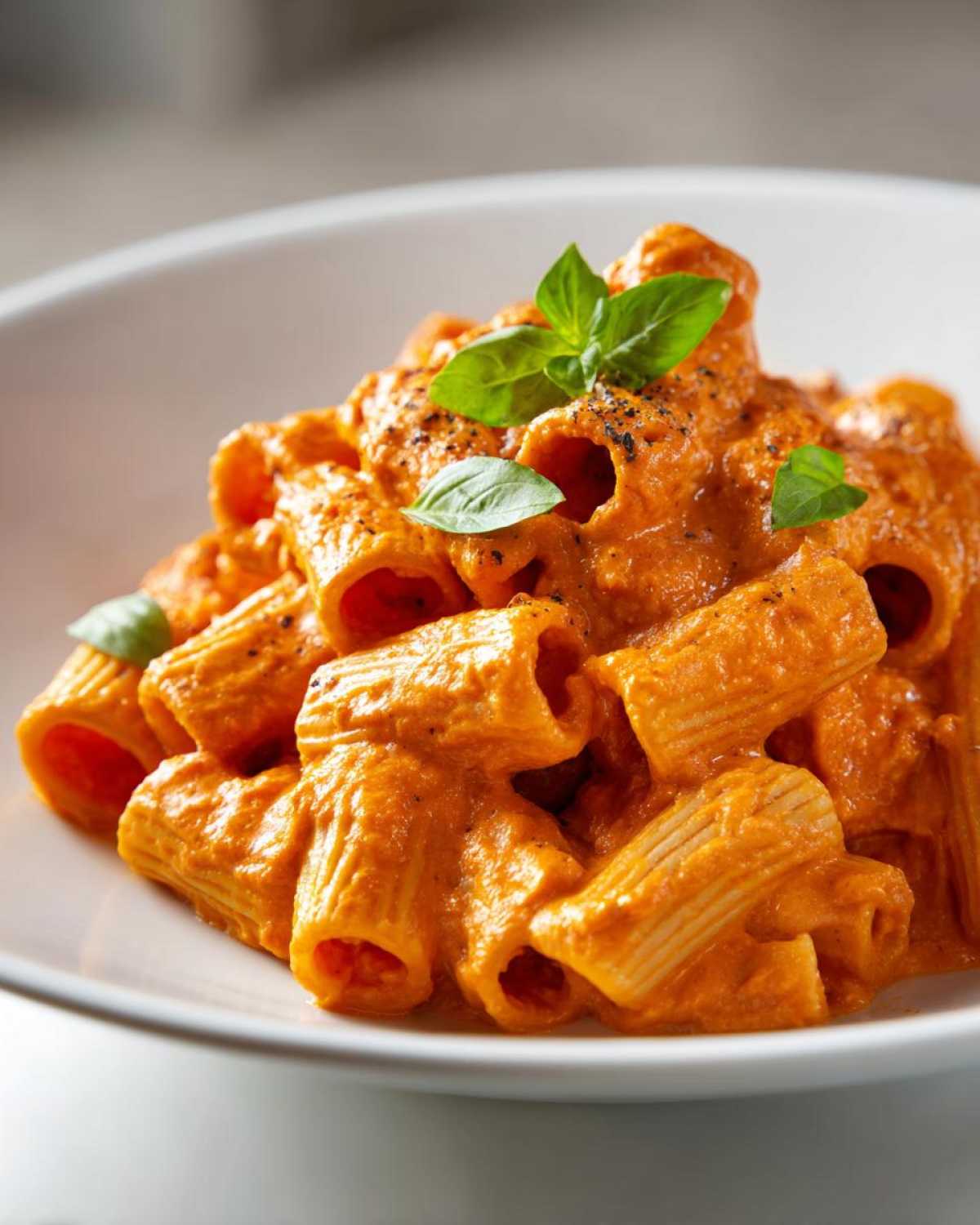 Close-up of rigatoni pasta coated in vibrant orange Creamy Roasted Red Pepper Pasta sauce, garnished with basil.