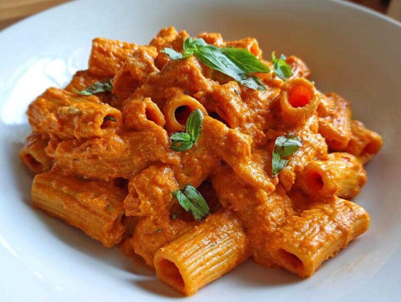 Close-up of rigatoni pasta coated in vibrant orange Creamy Roasted Red Pepper Pasta sauce, garnished with fresh basil.