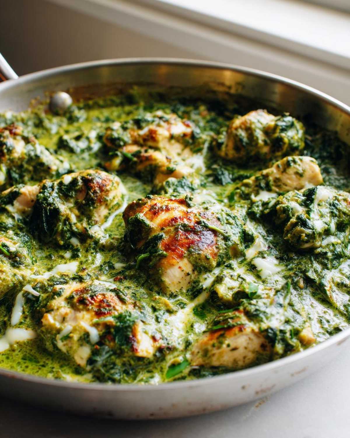 Close-up of seared chicken pieces simmering in a rich, green creamy spinach artichoke sauce in a skillet.