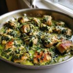 Golden seared chicken pieces simmering in a vibrant, creamy spinach artichoke sauce in a stainless steel skillet.