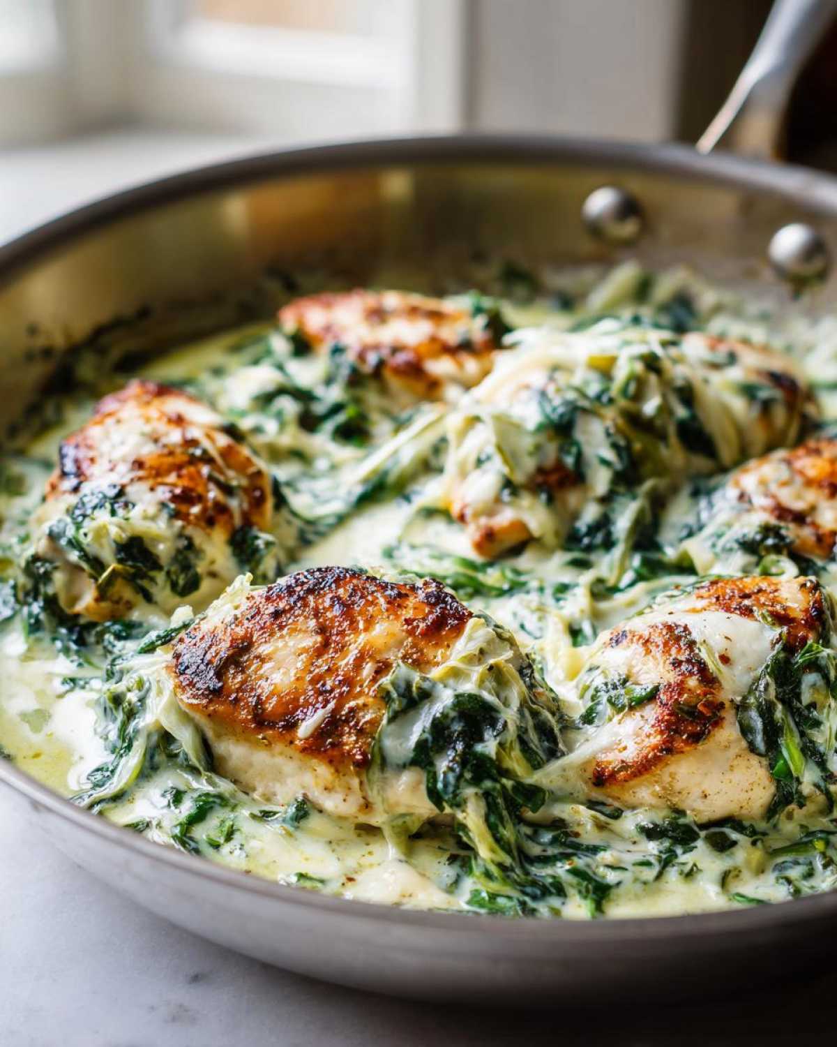 Close-up of seared chicken breasts nestled in a rich, creamy spinach artichoke sauce in a stainless steel skillet.