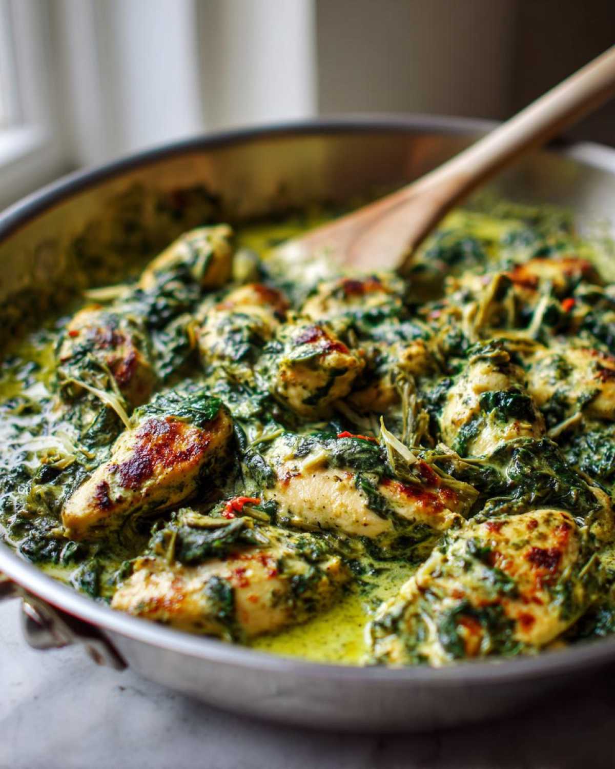 Close-up of seared chicken breasts simmering in a rich, creamy spinach artichoke sauce in a stainless steel skillet.