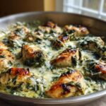 Golden-brown chicken pieces simmering in a rich, creamy spinach artichoke sauce in a stainless steel skillet.