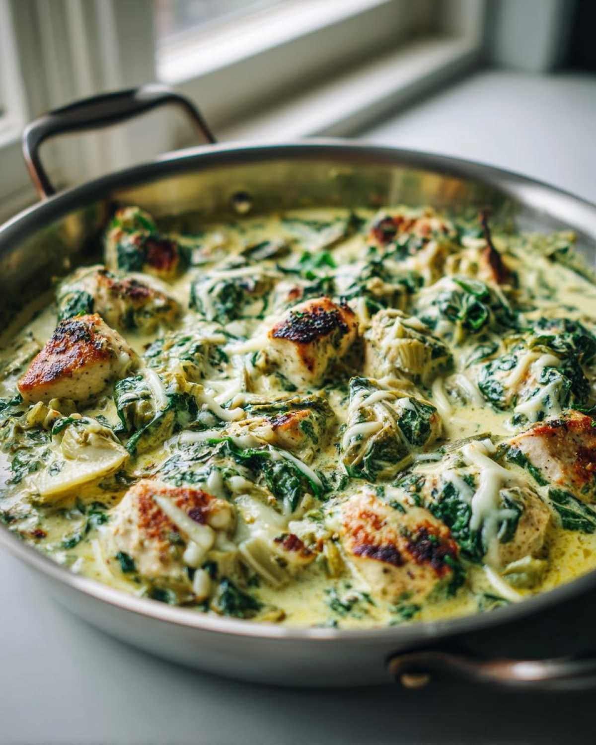 Close-up of seared chicken pieces in a creamy spinach artichoke sauce, topped with melted cheese in a skillet.