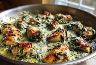Golden-brown chicken pieces simmering in a rich, creamy spinach artichoke sauce in a stainless steel skillet.