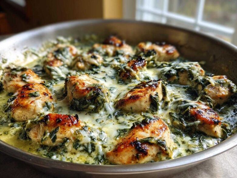 Golden-brown chicken pieces simmering in a rich, creamy spinach artichoke sauce in a stainless steel skillet.