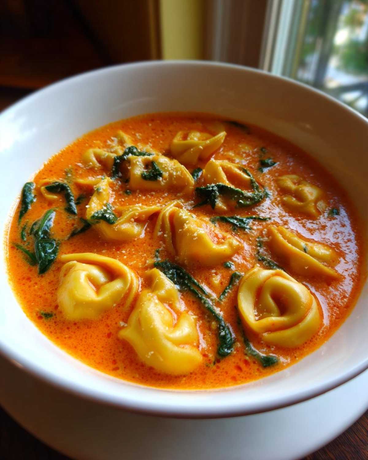 Close-up of a white bowl filled with rich, orange Creamy Tomato Tortellini Soup featuring cheese tortellini and wilted spinach.