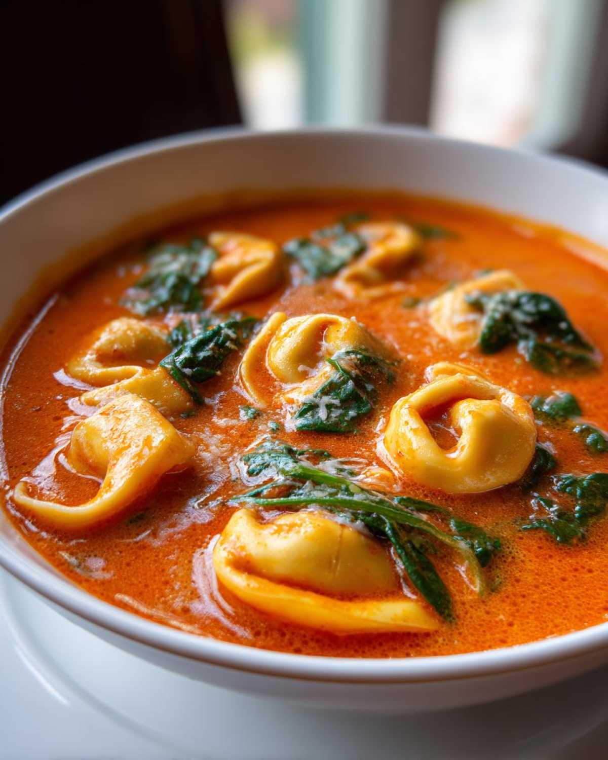 Close-up of a white bowl filled with rich, orange Creamy Tomato Tortellini Soup featuring cheese tortellini and wilted spinach.
