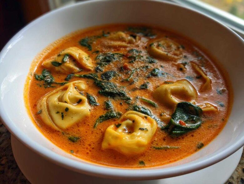 Close-up of a white bowl filled with rich, orange Creamy Tomato Tortellini Soup featuring plump tortellini and wilted spinach.