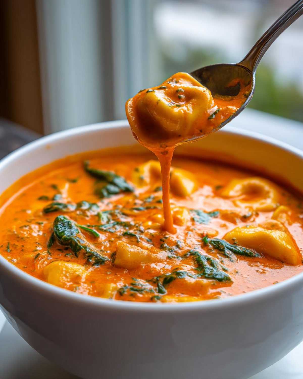 A spoonful of tortellini is lifted from a bowl of rich, orange Creamy Tomato Tortellini Soup with wilted spinach.