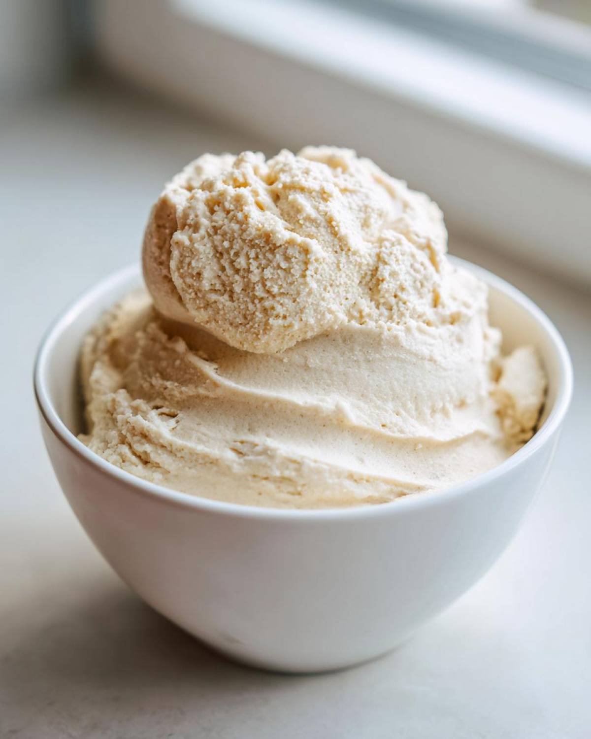 A close-up of a thick, creamy vanilla protein smoothie bowl mixture scooped into a white bowl.