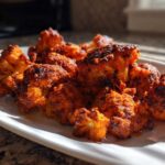 Close-up of perfectly browned, crispy air fryer cauliflower wings coated in a spicy red seasoning on a white platter.