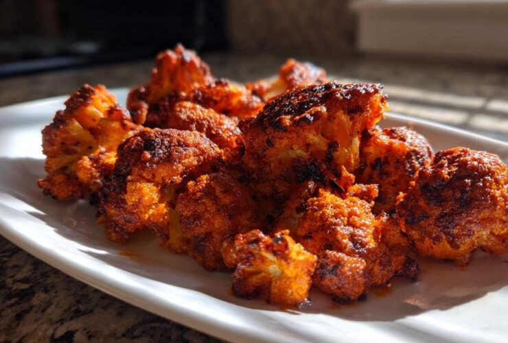 Close-up of perfectly browned, crispy air fryer cauliflower wings coated in a spicy red seasoning on a white platter.