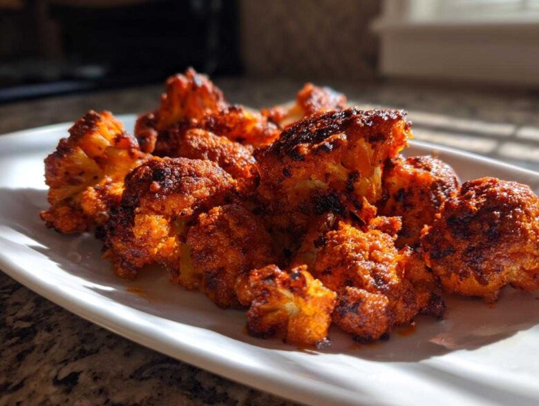Close-up of perfectly browned, crispy air fryer cauliflower wings coated in a spicy red seasoning on a white platter.