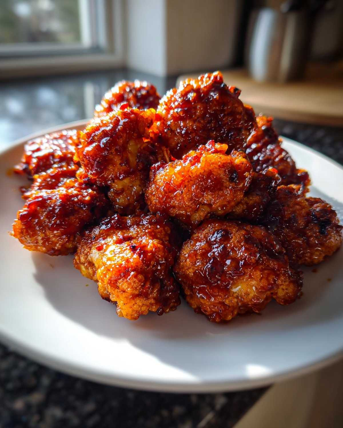A pile of glossy, deep orange Crispy Air Fryer Cauliflower Wings coated in a sticky sauce on a white plate.