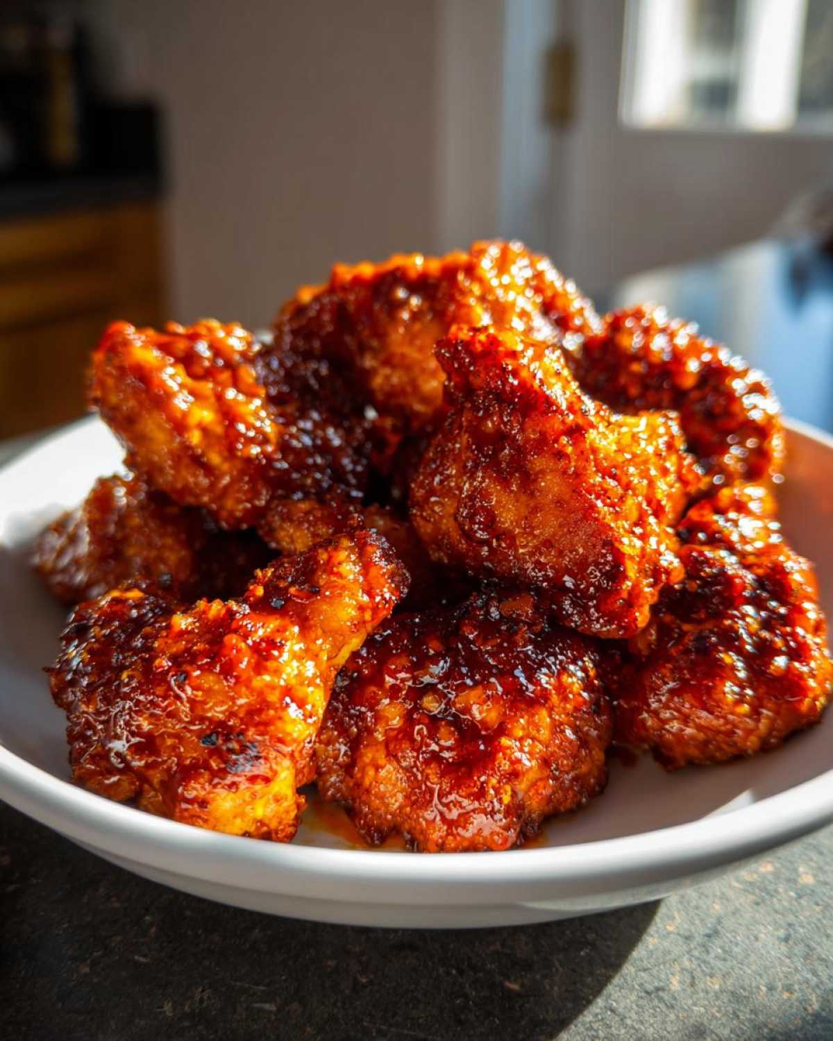 A close-up of saucy, orange-glazed Crispy Air Fryer Cauliflower Wings piled high in a white bowl.