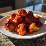 A pile of deep orange, saucy Crispy Air Fryer Cauliflower Wings stacked on a white plate.