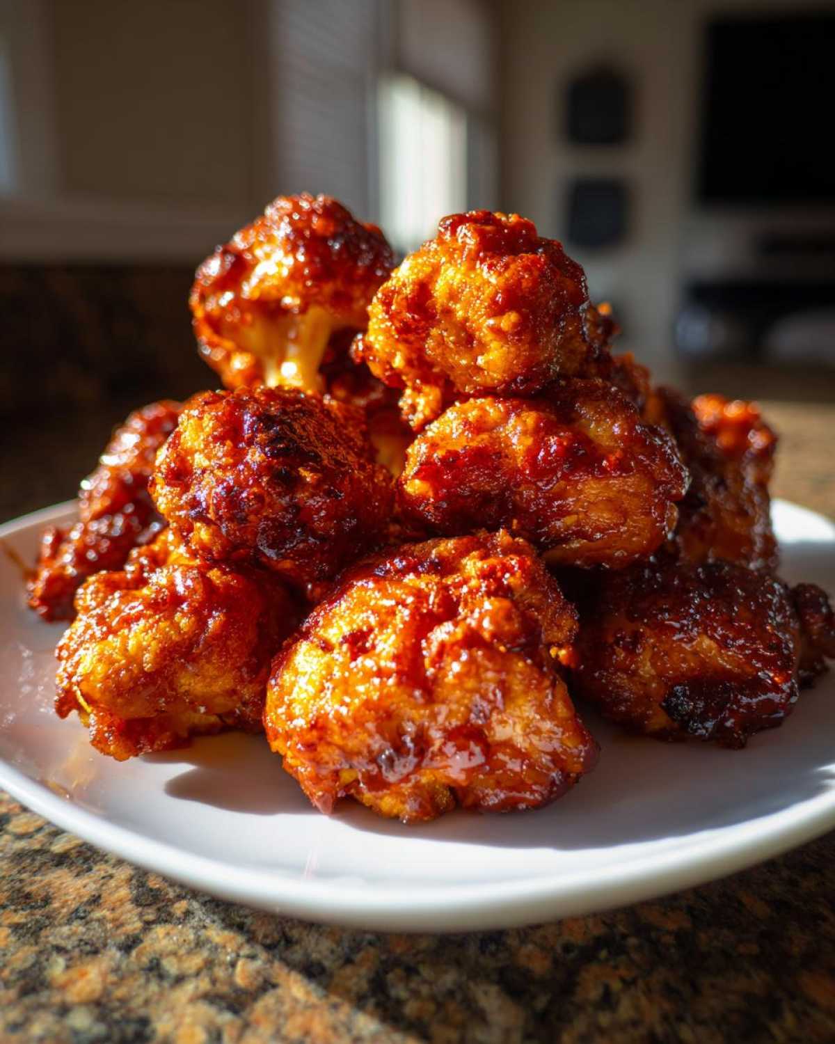 A mound of glossy, sauced Crispy Air Fryer Cauliflower Wings piled high on a white plate.