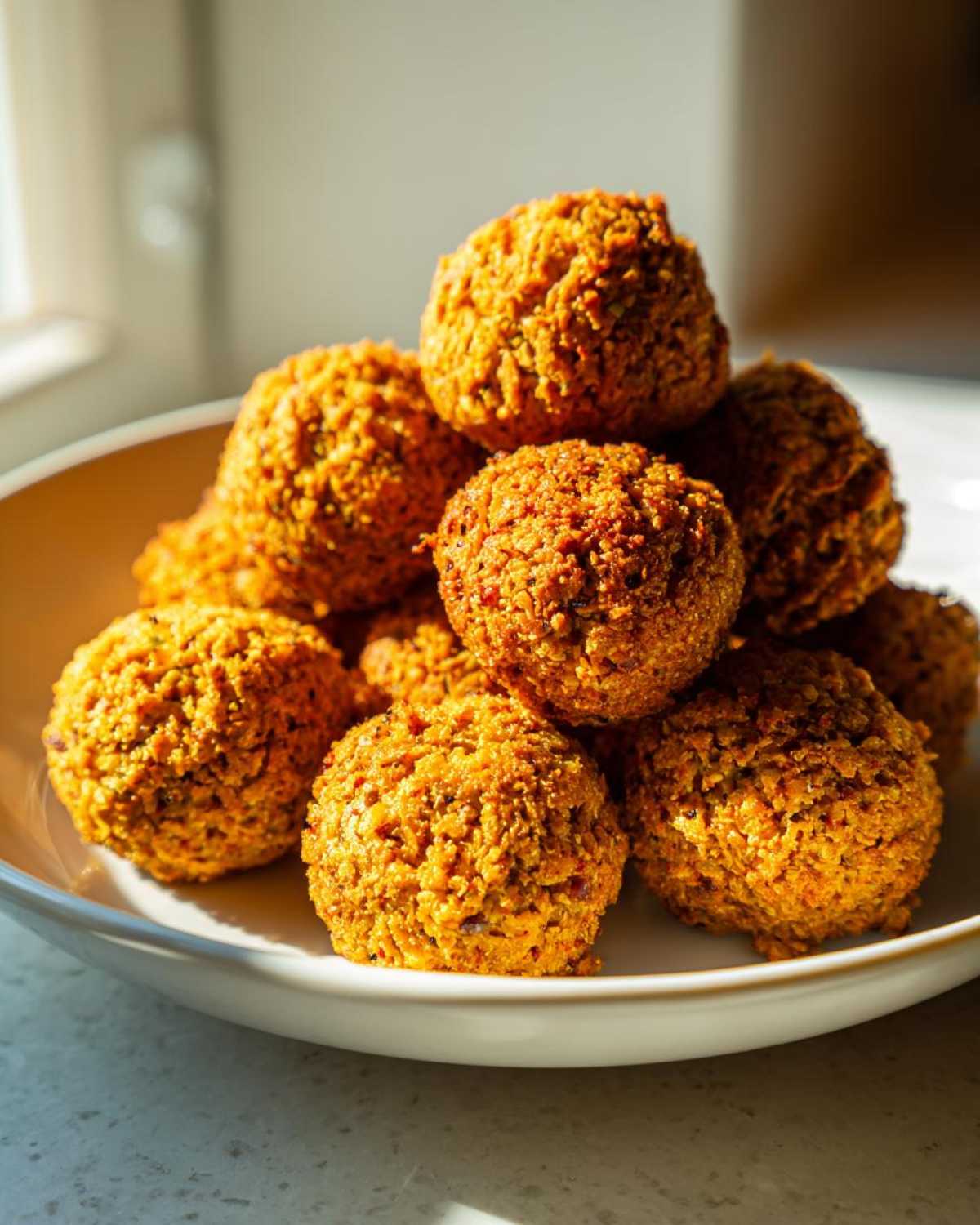 A pile of golden brown, crispy air fryer falafel balls stacked in a white bowl.