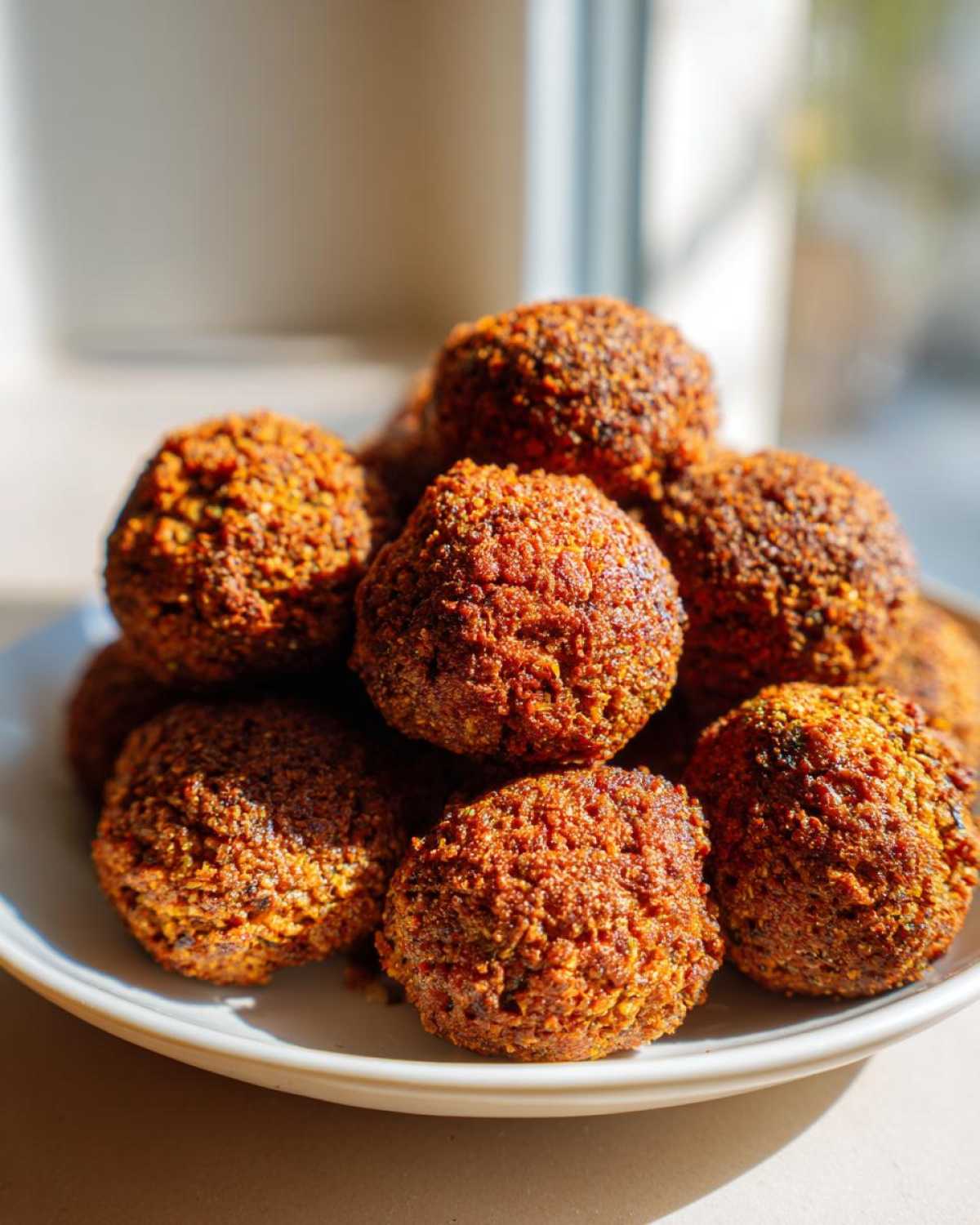 A mound of golden-brown, crispy air fryer falafel balls stacked high on a white plate, beautifully lit by natural light.